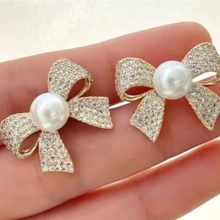 Korean Elegant Zircon Bow Pearl Earrings for Girls, Golden & Silver - Image 2