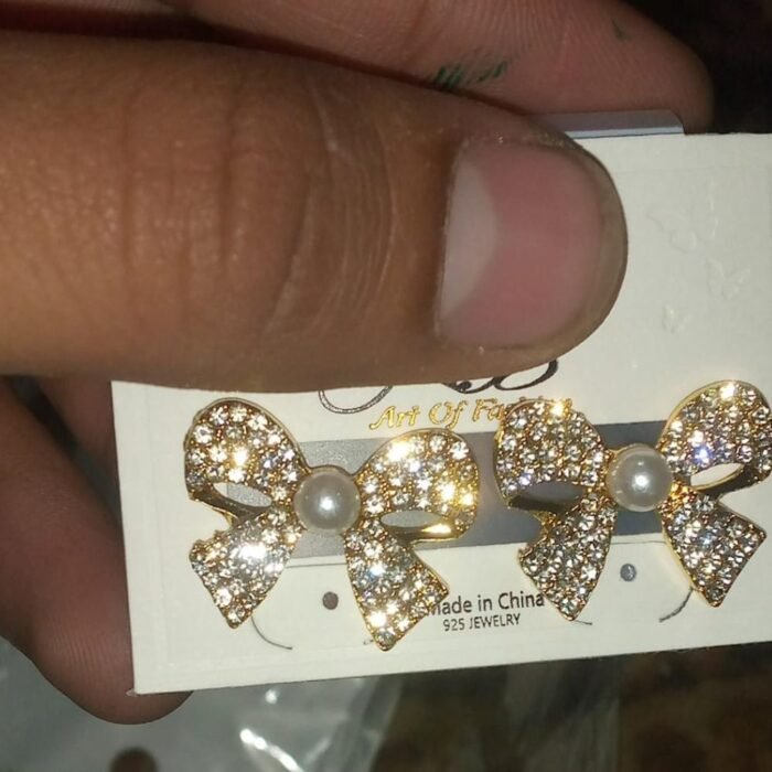 Korean Elegant Zircon Bow Pearl Earrings for Girls, Golden & Silver - Image 4