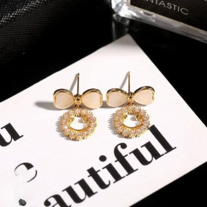 Smiley Face Zircon Korean Earrings, Bow & Crystal Circle Design - Image 2