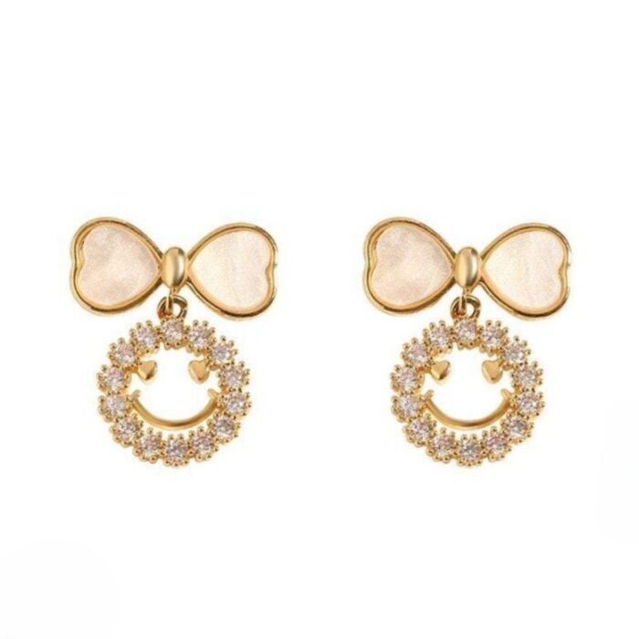 Smiley Face Zircon Korean Earrings, Bow & Crystal Circle Design - Image 4