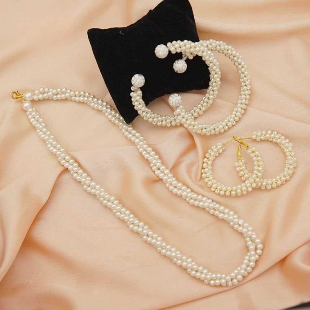 women-pearl-elegant-jewelry-set (1) Women Pearl Elegant Jewelry Set, Gajra Bali, Bangles & Pearl Long Mala - Image 1