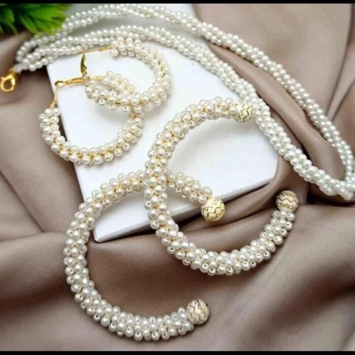 Women Pearl Elegant Jewelry Set, Gajra Bali, Bangles & Pearl Long Mala - Image 3